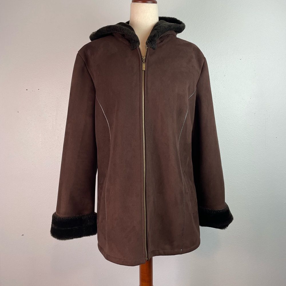 Marvin Richards Brown Jacket with Faux Fur Lining and Trim Size L EUC